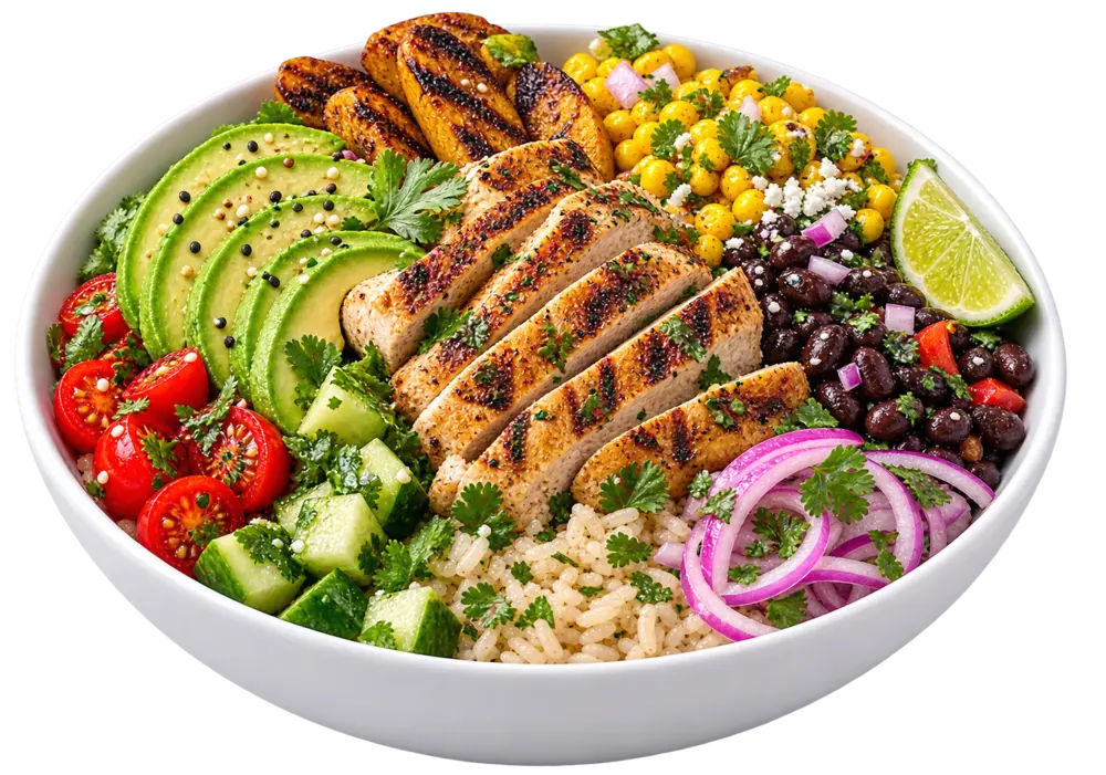 Gokéla bowl with grilled chicken, avocado, corn, black beans and rice